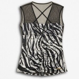 Dots Zebra Print Mesh Strappy Ruched Tank Top Black White Small